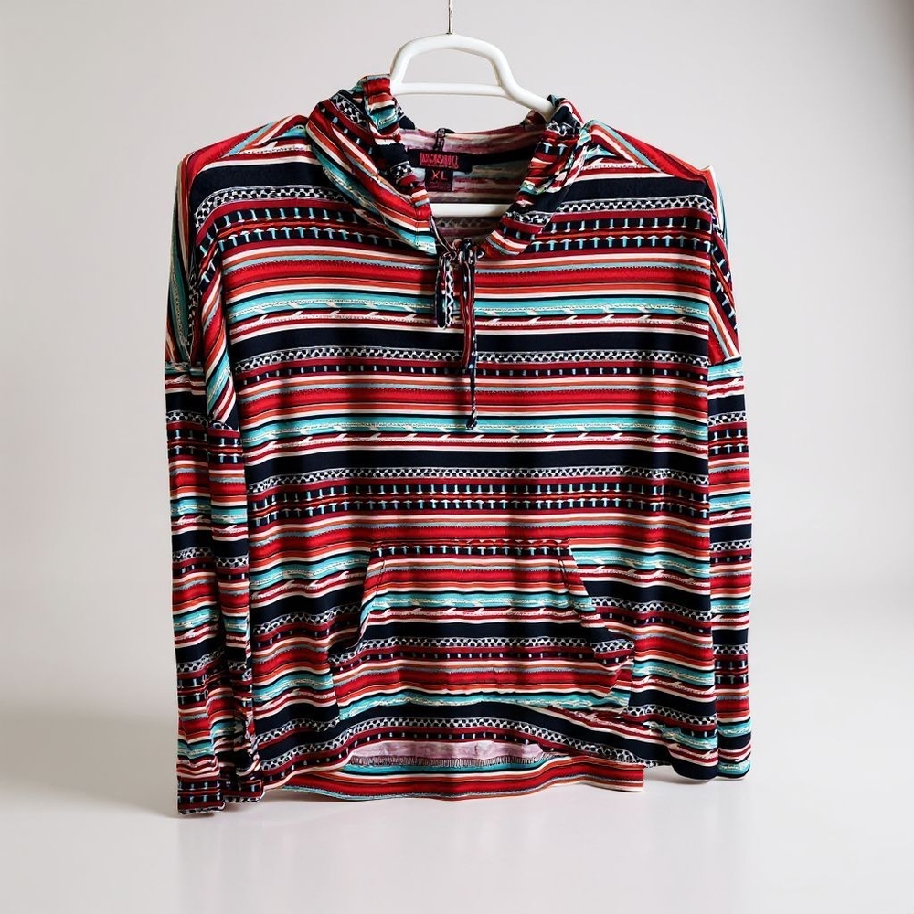 Rock & Roll Denim Aztec Red Blue Striped Loghtweight Hooded Pullover Size XL - Picture 5 of 10